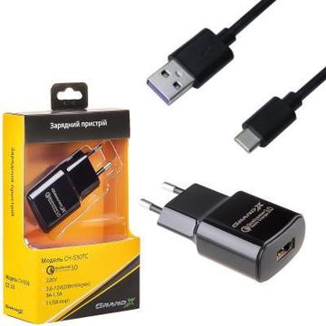 Зарядное устройство Grand-X (1USBx3А) QC3.0 Black (CH-550TC) + кабель USB-TypeC