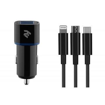Зарядний пристрій 2E Dual USB Car Charger 2.4A + Cable 3in1 Black (2E-ACR01-C3IN1)