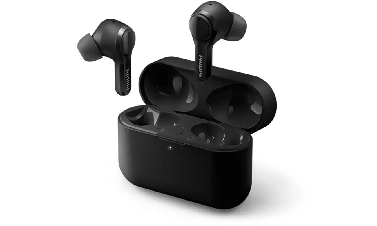 Бездротові навушники Philips TAT3217, чорні – вид спереду під кутом, футляр відкритий