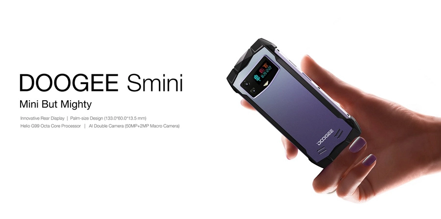 Doogee S Mini 8/256GB Purple відрізняє від конкурентів задній екран.